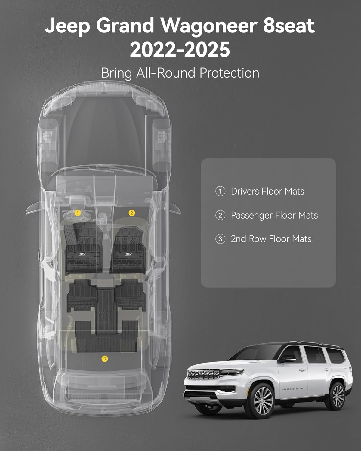 3W Floor Mats Fit for Jeep Grand Wagoneer/Grand Wagoneer L 2022 2023 2024 2025 8 seat (Not Fit for 7 seat), All Weather TPE Floor Liner for 1-3 Rows Full Set Car Mats Black