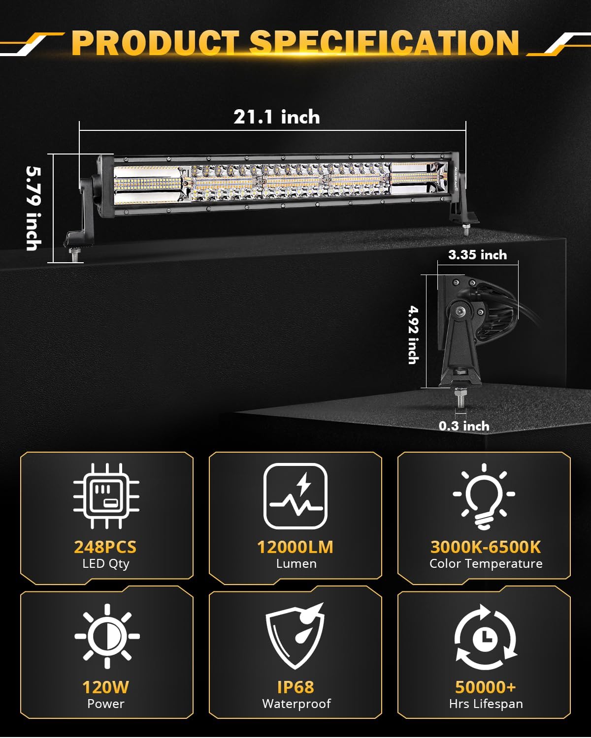 Auxbeam 22 Inch LED Light Bar, 120W 6 Modes Amber White Strobe Fog Lights, Yellow Spot Flood Memory Reset Function Offroad Driving Work Ditch Light for Truck Car ATV