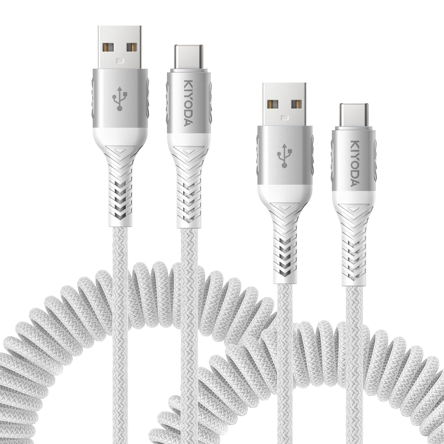 USB A to USB C Cable Fast Charging 66W, 2Pack 3FT Coiled Braided USBC Phone Charger Cables for Car, Short USB to USB Type C Cord for iPhone 16 15 Pro Max, Samsung Galaxy S24 S23 and More-Silver