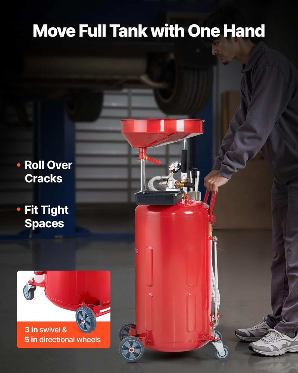 VEVOR 21 Gallon Waste Oil Drain Tank, Air Operated Portable Oil Drainer with Adjustable Funnel Height, Industrial Fluid Drain Tank with Wheels, Fluid Fuel Transfer Drainage for Auto Repair Shops, Red