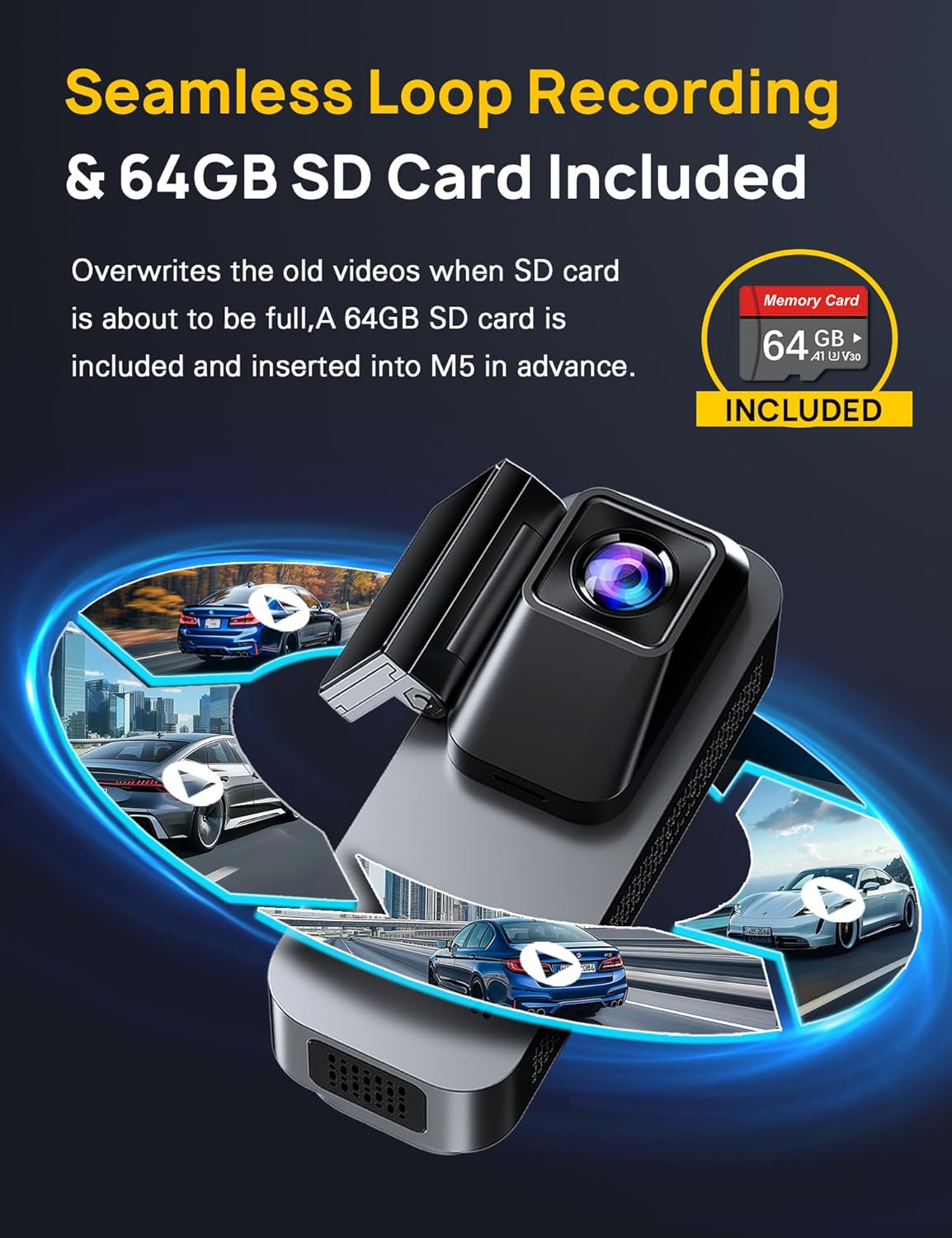 3 Channel 4K Dash Cam Front and Rear Inside, Built-in 5G WiFi, 4K+1080P+1080P Dash Camera for Cars with 64GB Card, Dashcam with Loop Recording, G-Sensor, 24H Parking Monitor, Silver