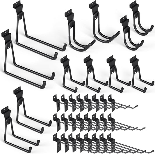 INCLY 36 Pack Heavy Duty Slatwall Hooks, Black Garage Slatwall Panel Accessories Utility Hooks, Slat Wall Hanging Hooks and Hangers for Garages, Sheds, Basements
