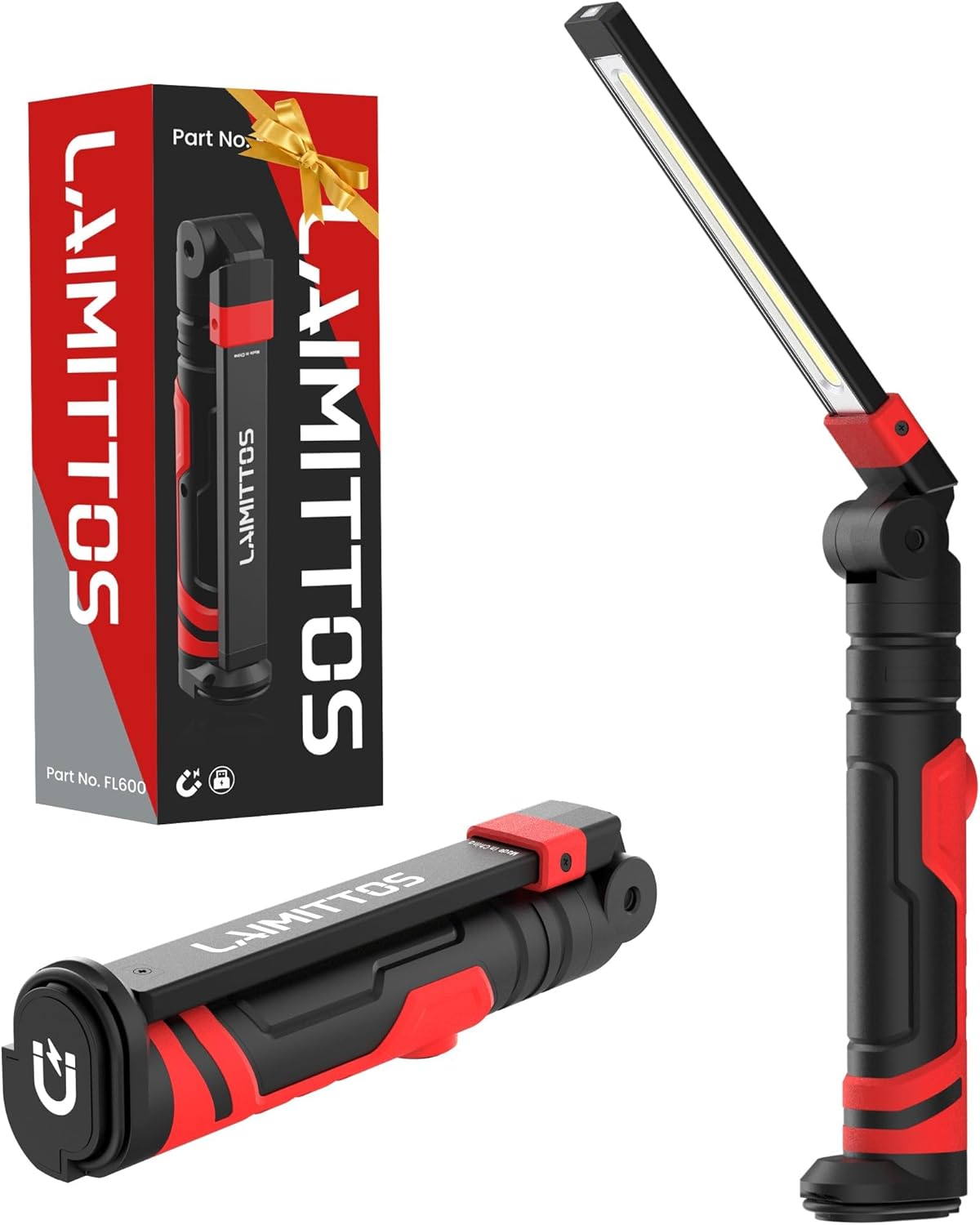 Rechargeable Work Light 2500mAh Magnetic LED Work Light Flashlight Mechanic Light Tool Gifts for Men Him, Foldable Lamp with Hook for Car Repair Emergency BBQ Grill