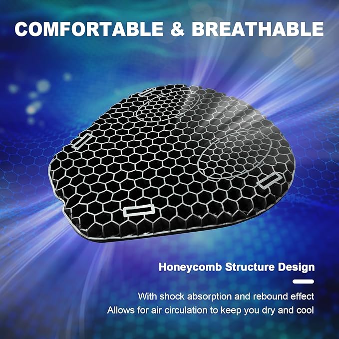 Motorcycle Gel Seat Cushion, 3D Honeycomb Shock-Absorbing, Hollow and Breathable, Hel Material is Compressive, Non-Breaking, Non-Hardening, Soft and Comfortable (Plush)