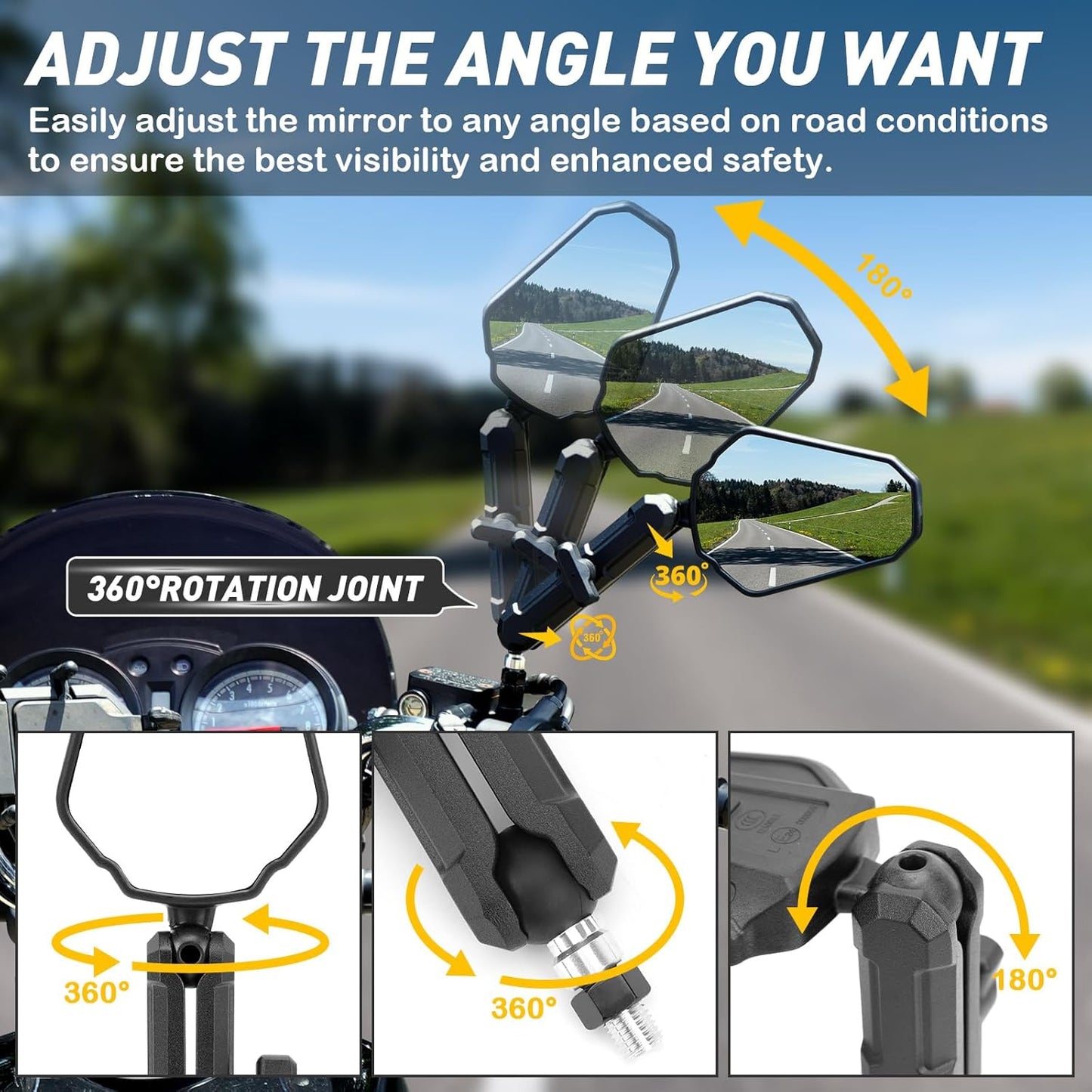 Motorcycle Mirrors, ATV Rear View Mirror With Adjustable Ram mount, No Vibration & Wobble, Dirt Bike Mirrors for handlebars Compatible with Scooter Ebike Moped, 2 Pack