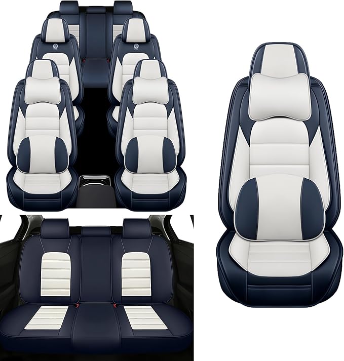 Car Seat Covers Fit for Toyota Highlander 2000-2025 | 7 Seat Car Seat Cover | No-Slip Waterproof Breathable Faux Leather Automotive Seat Covers Auto Interior Covers Blue White,Full Set with Pillow