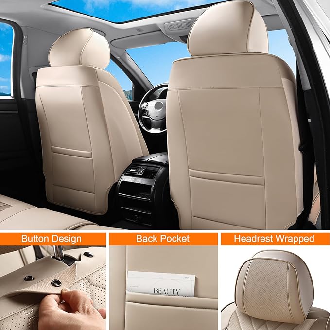 Car Seat Covers Full Set, Nappa Leather Seat Covers for Cars, Beige Car Seat Protector Waterproof, Car Seat Covers Front Seats and Back Fit for Most Cars SUVs Trucks