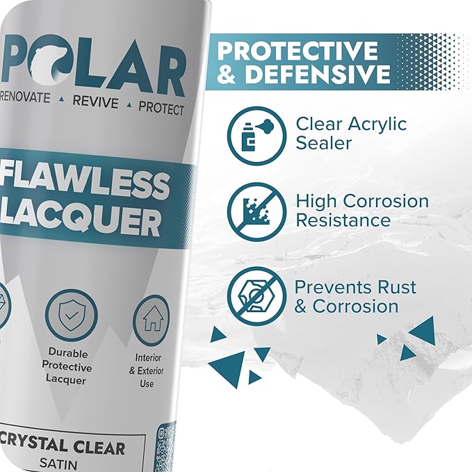 Polar Clear Satin Flawless Lacquer Spray - 6 x 13.5 Fl Oz - Clear Coat Spray Paint - Non-Yellowing & Scratch Resistant - Interior & Exterior Surfaces for Wood, Metal, Plastics, Glass & Ceramics