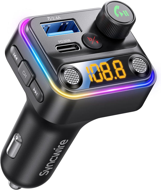 Syncwire Bluetooth 5.4 FM Transmitter Car Adapter 42W [Light Switch] [Stronger Dual-mic] [HiFi Bass Sound] [Fast Charging] Wireless FM Radio Stereo Music Adapter Hands-Free Calling Support USB Drive