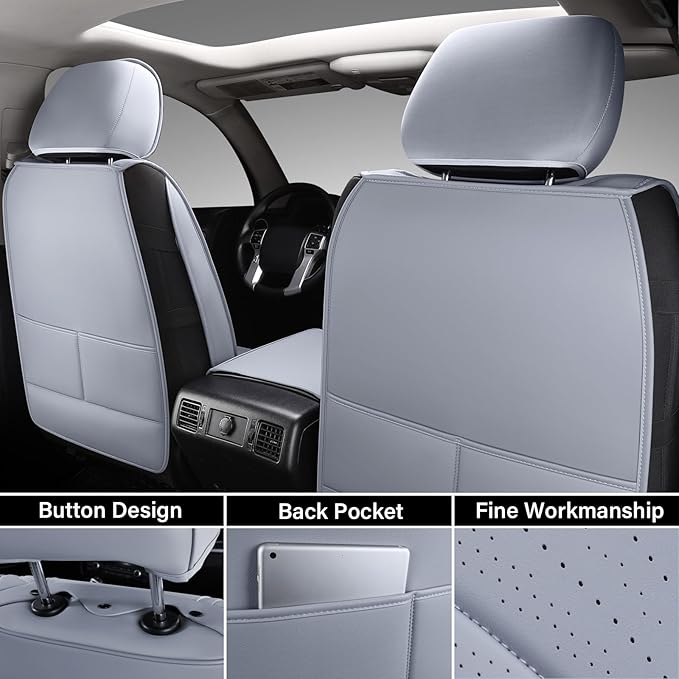 Coverado Toyota Tundra Seat Covers, Leather Car Seat Covers Full Set Automotive Seat Covers Protector Compatible with 2007-2021 Toyota Tundra Crew/Crewmax/Extended/Double Cab(Gray)