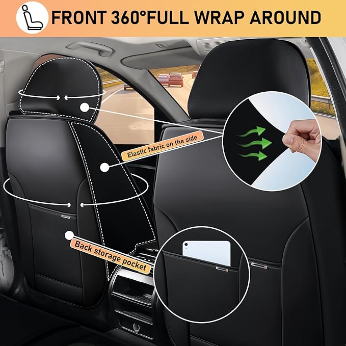 Car Seat Covers Fit for Toyota Highlander 2000-2025 | 7 Seat Car Seat Cover | No-Slip Waterproof Breathable Faux Leather Automotive Seat Covers Auto Interior Covers Black-Orange,Full Set with Pillow