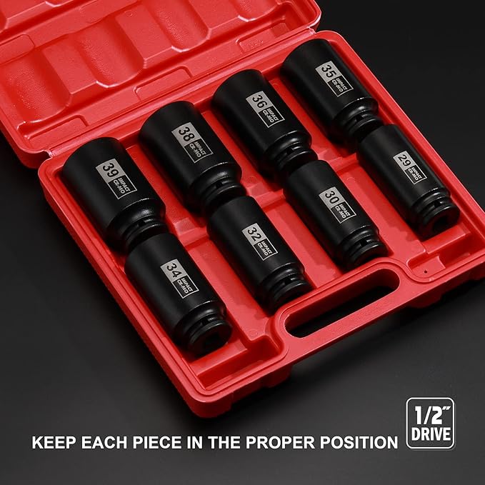 EMENTOL 8PCS 1/2" Drive Deep Spindle Axle Nut Impact Socket Set, CR-MO, 12 Point, Metric, Deep Socket Impact Socket Set-29,30 32, 34, 35, 36, 38, 39mm