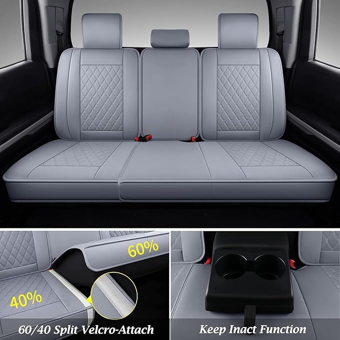 Coverado Tundra Seat Covers, Back Leather Car Seat Covers for Trucks, Automotive Seat Covers Protector Custom Fit 2007-2021 Toyota Tundra(Rear Seat Cover/Gray)