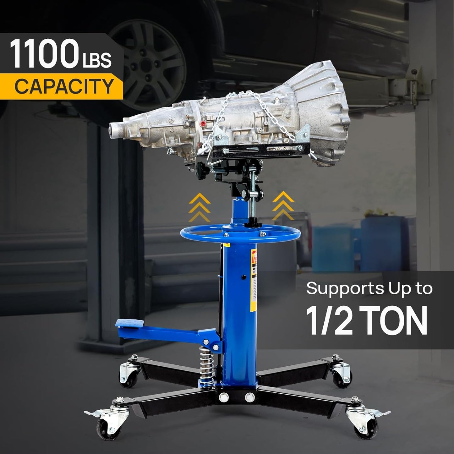 TUFFIOM Transmission Jack, 1100 lbs 1/2Ton Hydraulic 2-Stage High Lift Vertical Telescoping Floor Jack Stand, 34" to 68" Lifting Range, w/Pedal, 360° Swivel Wheels, Garage/Shop Lift Hoist, Blue