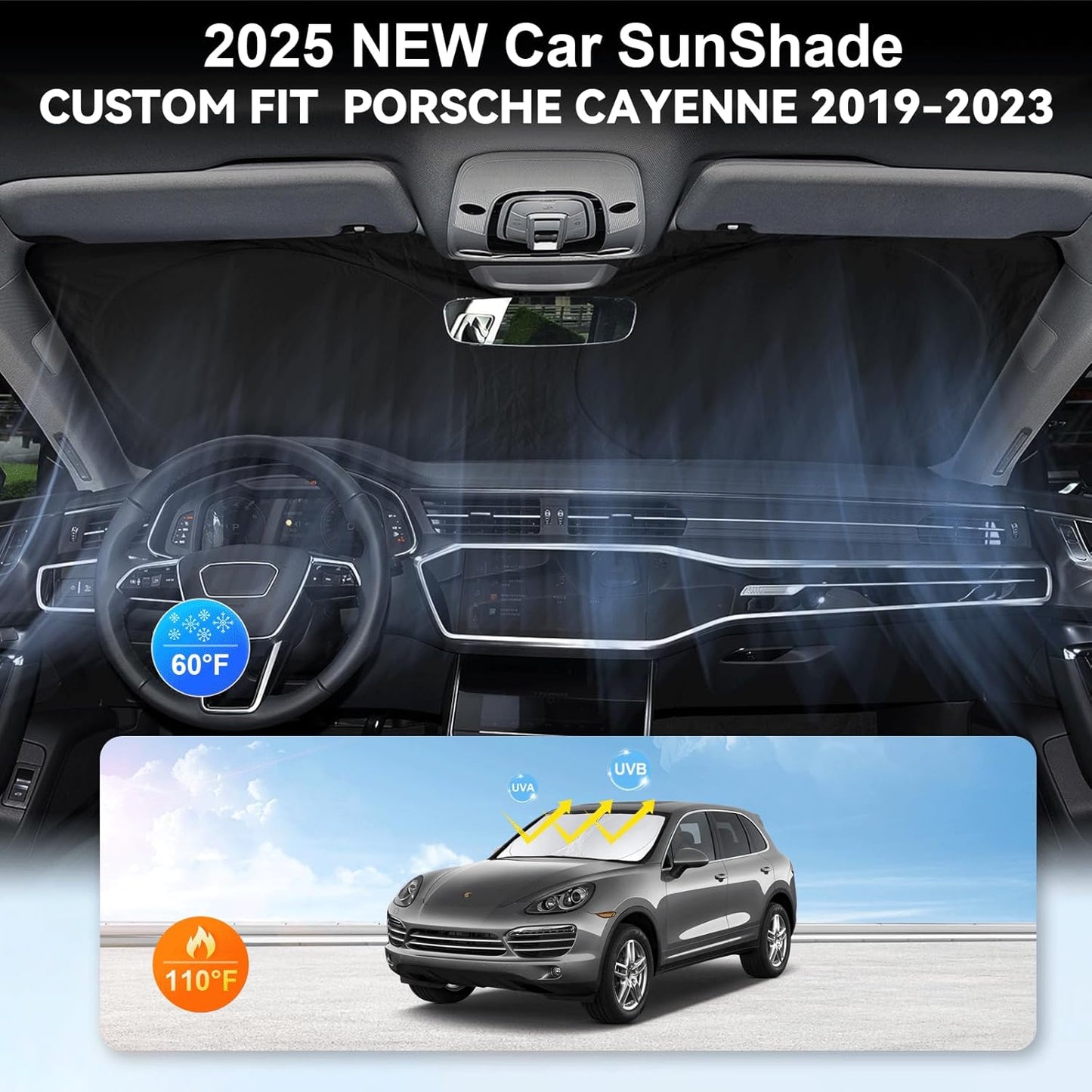 Custom Fit Cayenne Windshield Sunshade for 2019-2023 2024 2025 Upgrade Porsche Cayenne Front Window Sun Shades Shield Cover for Windshield Foldable 210T Sun Visor Protector Blocks UV Ray Accessories