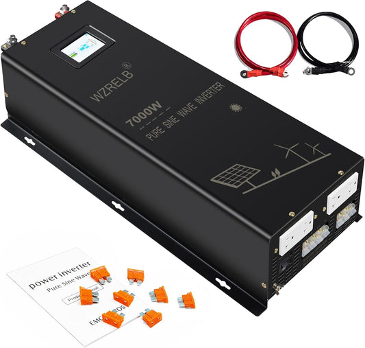 WZRELB 7000W Pure Sine Wave Inverter, 24V DC to 120V 240V AC, 4 AC Outlets, Hardwire Terminal, 91.6% Efficiency