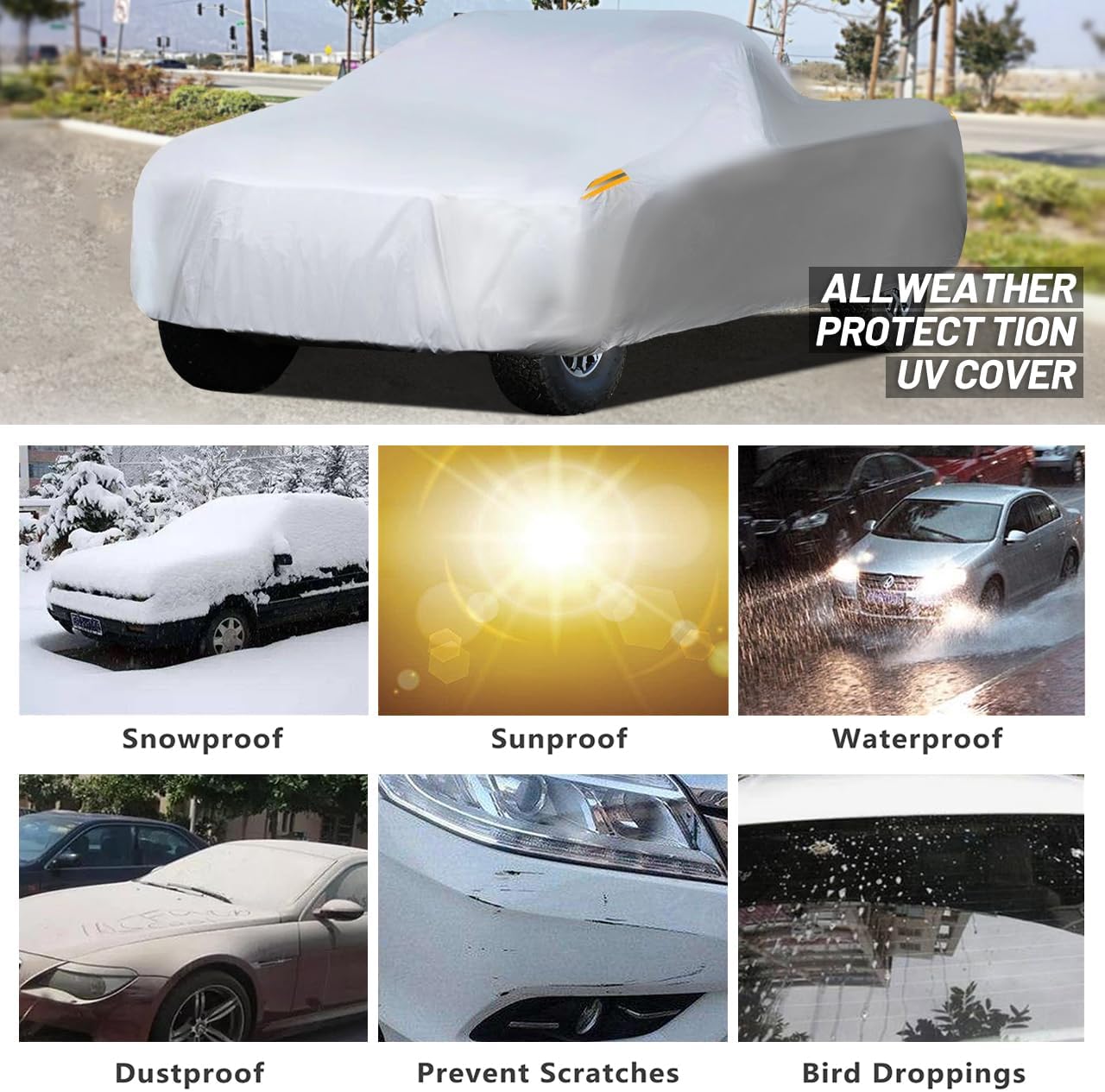 MORNYRAY Waterproof Car Cover All Weather Snowproof UV Protection Windproof Outdoor Full Truck Cover, Universal Fit for (Fit Truck Length 230-242 inch,All Silvery)