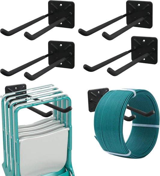 Folding Chair Rack, Heavy Duty Garage Wall Mount Organizer and Holder, Multi-Use Storage Hooks for Chairs, Ladders, Garden and Yard Tools, Durable Metal Utility Hangers (4Pack)
