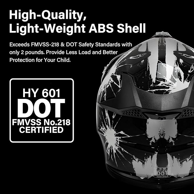 XFMT DOT Youth Kids Dirt Bike Helmet Full Face Motocross Helmets for Off-Road ATV Street Bike Four Wheeler Motorcycle with Goggles & Gloves, Black White Firework Medium