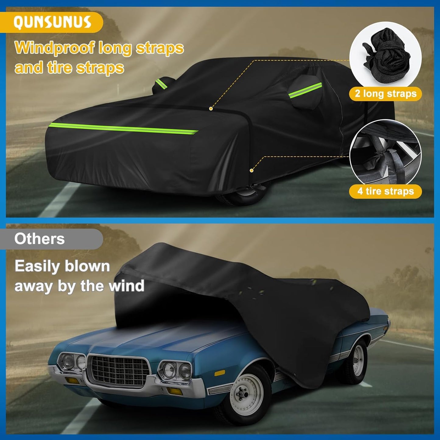 QUNSUNUS Waterproof Car Cover for Ford Fairlane 1968-1970 and Torino 1968-1976 2-Door, Outdoor Car Covers with Zipper and Straps for Wind, Sun, UV and Dust Protection