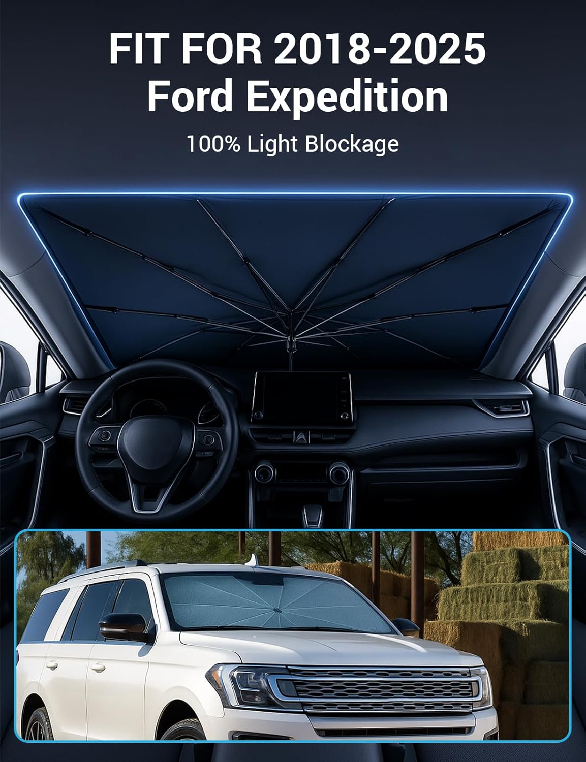 Proadsy Windshield Sun Shade Umbrella for Ford Expedition 2018-2025 Foldable Car Umbrella Sunshade with Soft TPU Handle Spring Structure Crystal Cooling Material Protect Car from Rays & Heat