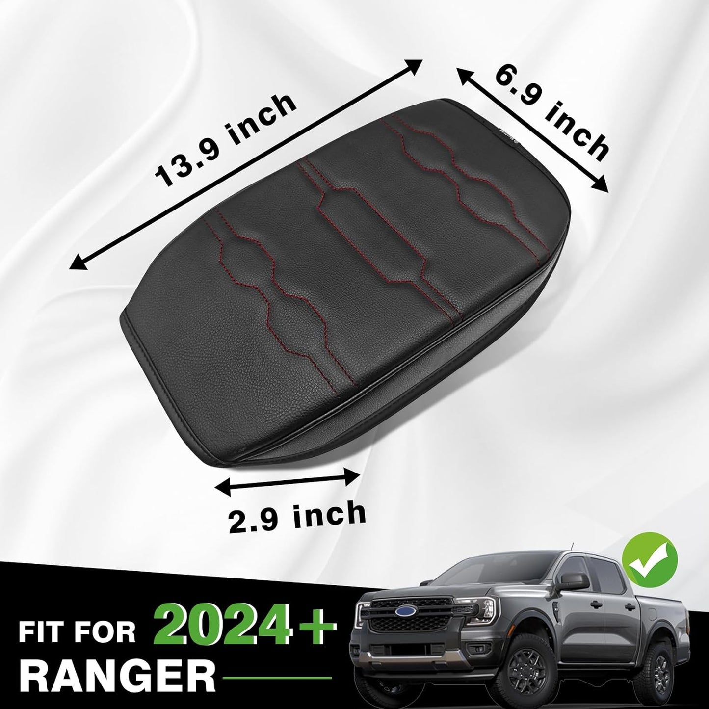 Muslogy Center Console Armrest Cover Compatible with Ford Ranger 2024 2025 Accessories Comfort Armrest Pad Cushion Box Lid Cover Vegan Leather Protector Regular Thick(Black/Orange Stitching)