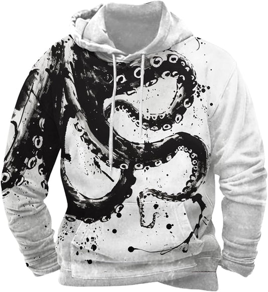 Mens Animal Print Graphic Hoodies Casual Long Sleeve Japanese Art Style Hooded Sweatshirt Lightweight Pullover Tops