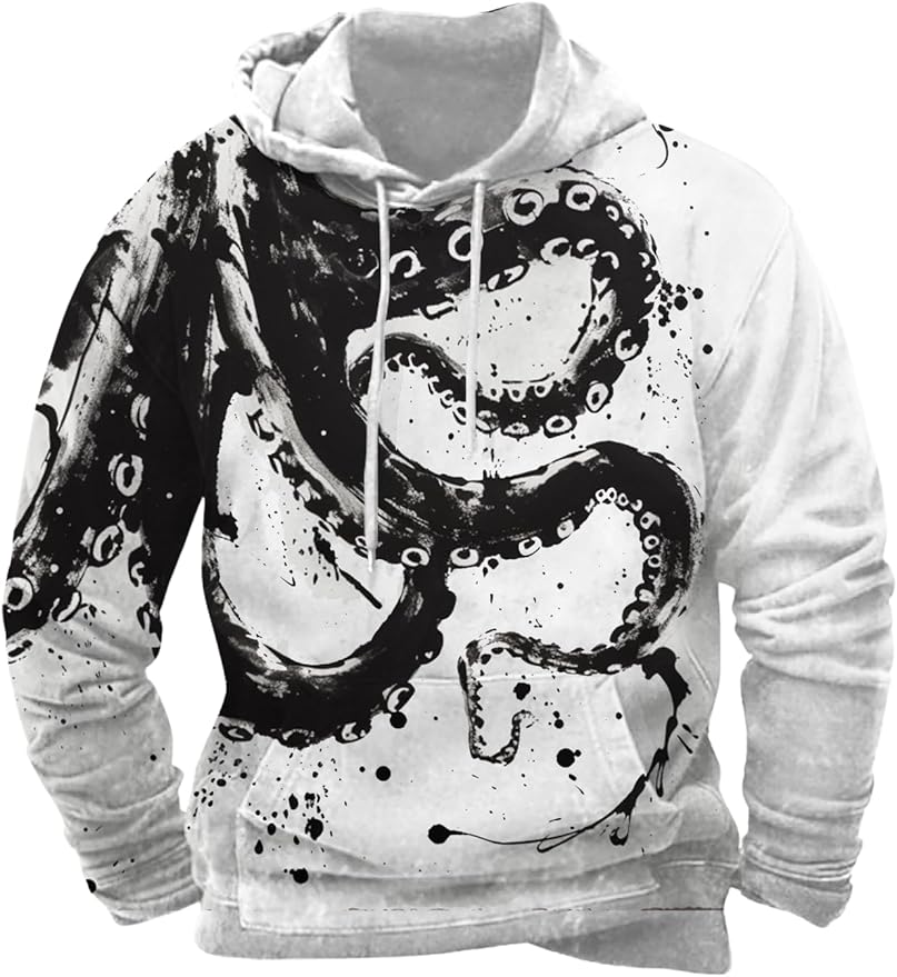 Mens Animal Print Graphic Hoodies Casual Long Sleeve Japanese Art Style Hooded Sweatshirt Lightweight Pullover Tops