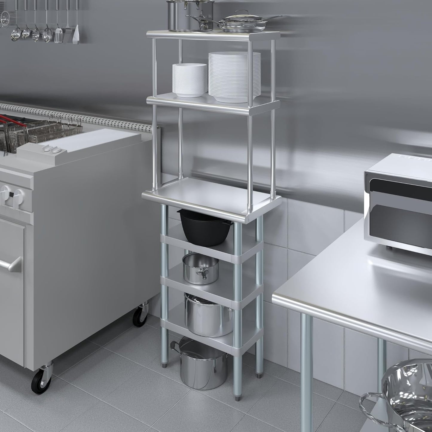 Amgood 14" x 24" Stainless Steel Work Table with 3 Shelves and 12" Wide Double Tier Overshelf | Metal Kitchen Prep Table & Shelving Combo | NSF