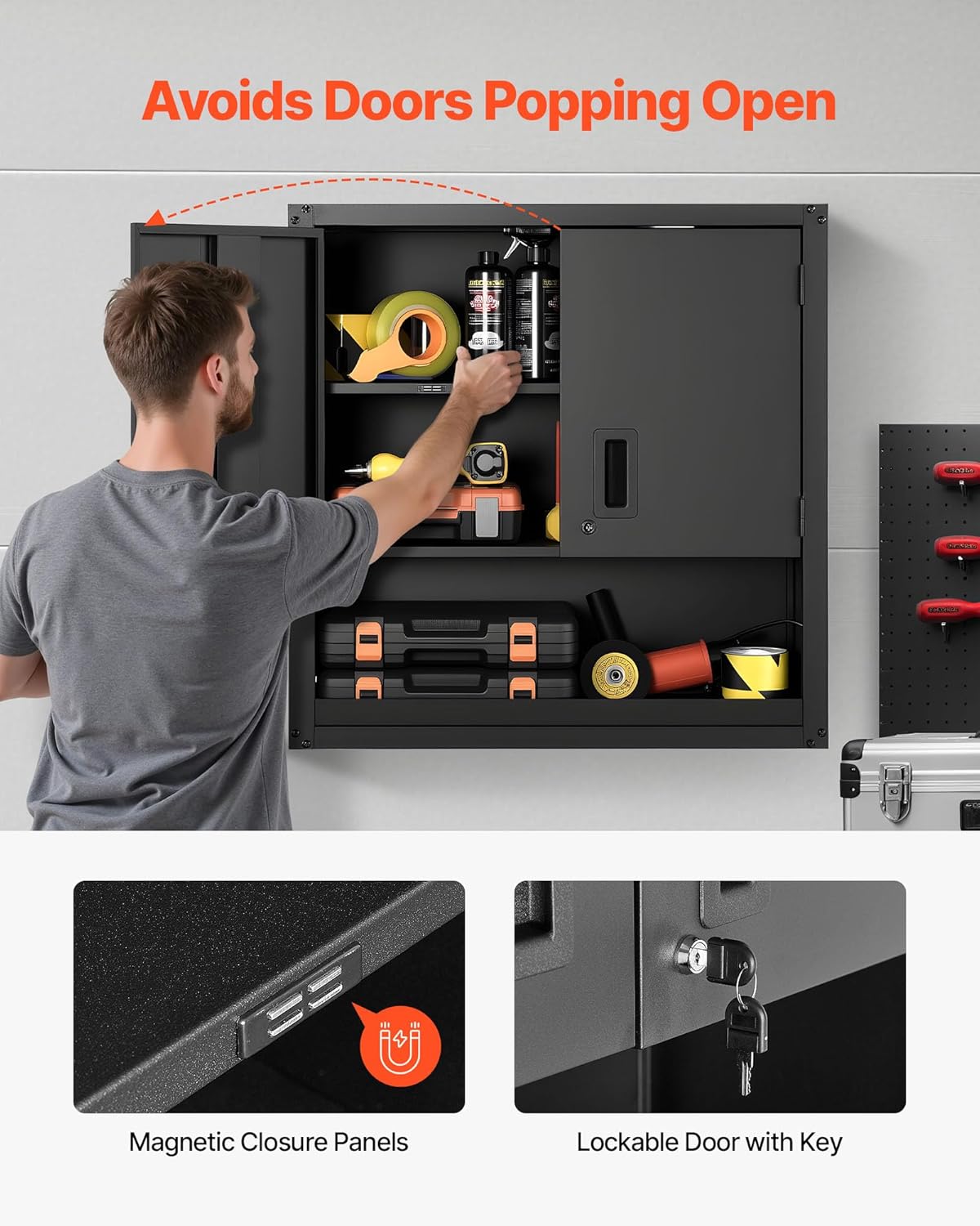 VEVOR Metal Wall Cabinet, 30W x 12.01D x 30H Inch, Steel Floating Hanging Storage Cabinet with Locking Doors and Adjustable Shelf for Garage, Basement, Kitchen, Warehouse Assembly Required, Black