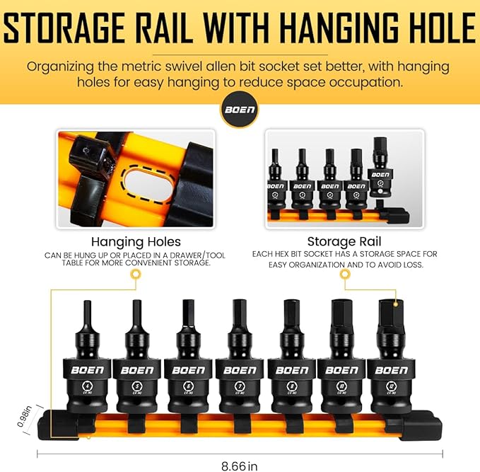 boen 3/8" Drive Universal Hex Bit Socket Set, 7-Piece Metric Impact Swivel Allen Bit Sockets, 360° Rotation Flexible Wobble Hex Bit Driver Socket Set, With Storage Rail, CR-MO Steel