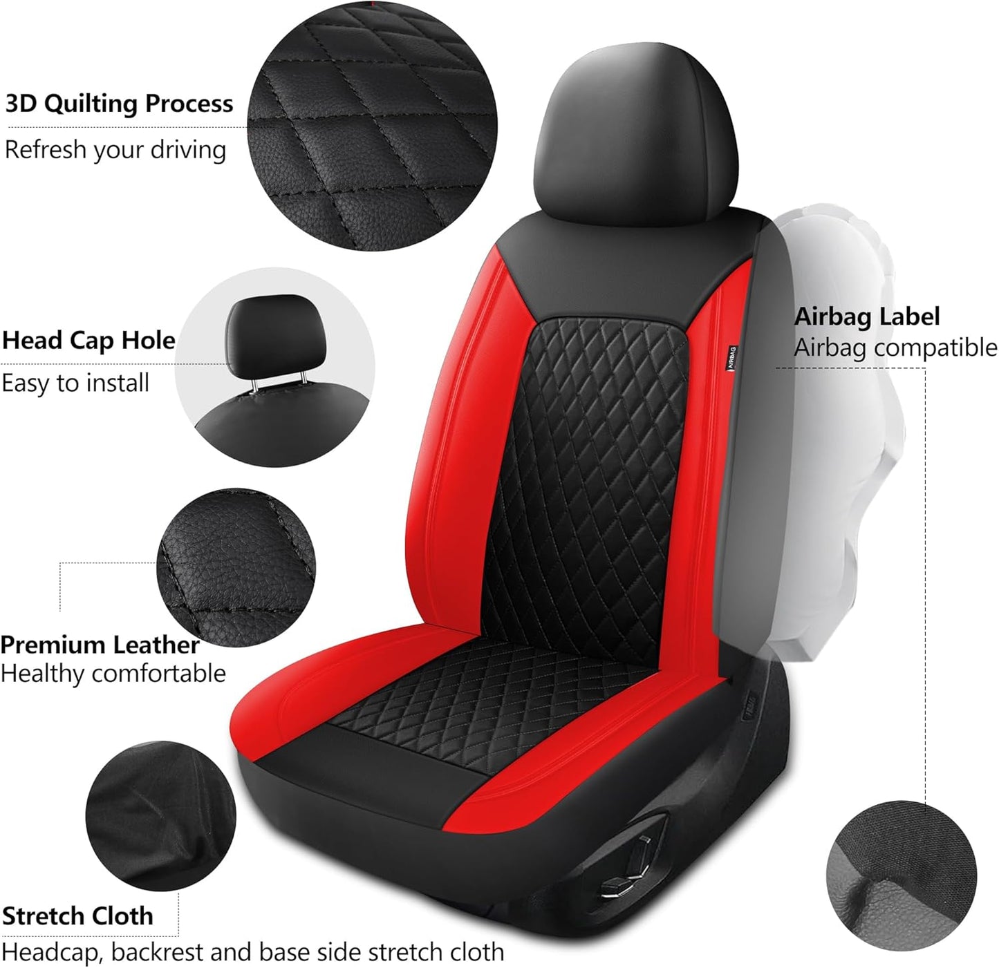 Car Seat Covers,Breathable and Waterproof Front Seat Covers,Luxury PU Universal Fit Automotive Airbag Compatible for Cars Sedans SUV and Truck(2 Pieces,Front Seat,Black+Red,N1)