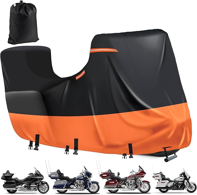 Waterproof Motorcycle Cover with Side+Top Box,600D Heavy Duty Outdoor Motorcycle Cover for Touring Models Ultra Limited,Road Glide Limited,Glold Wing,Roadmaster (118" x 44" x 56" Black-Orange)