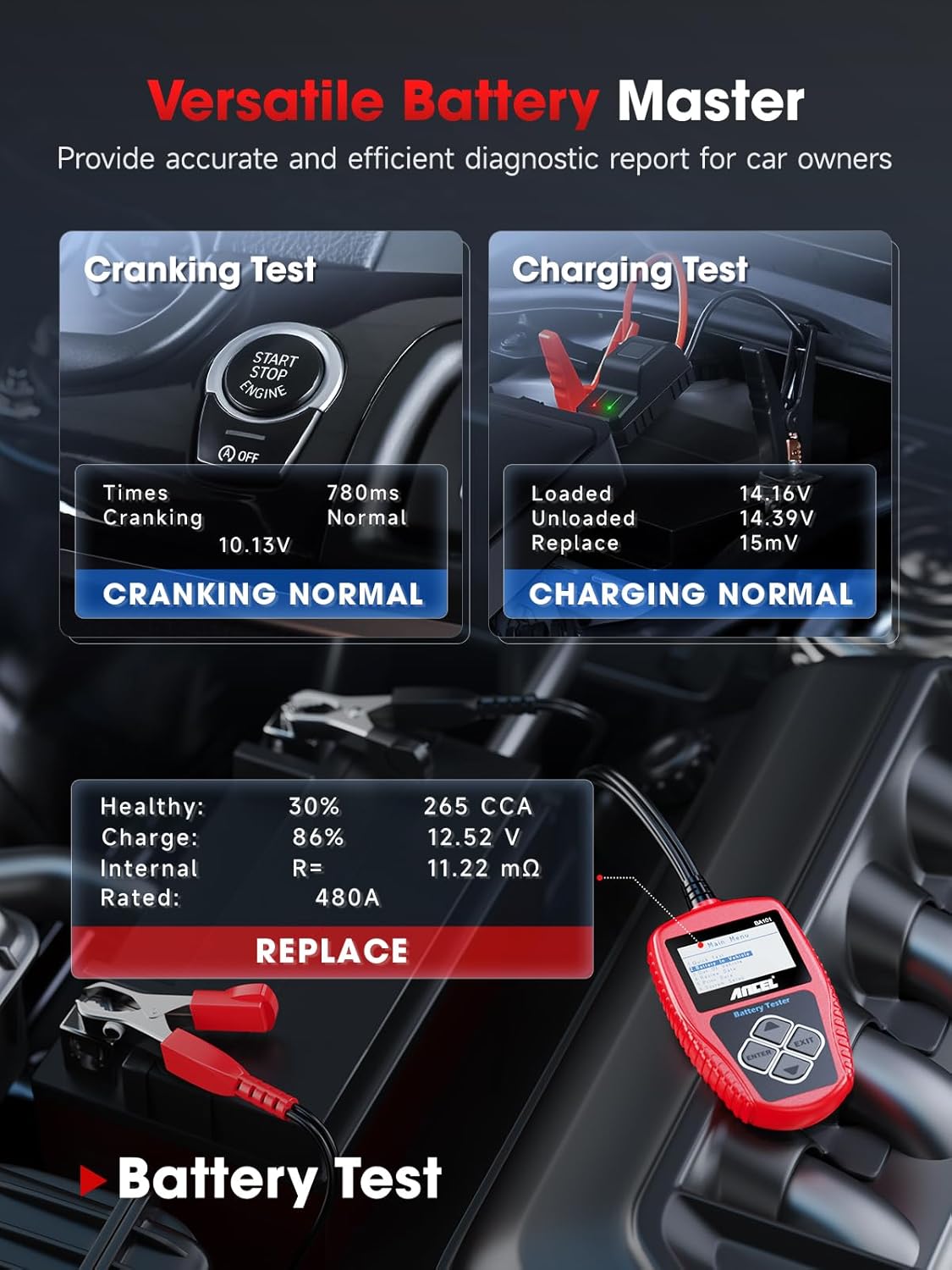 ANCEL BA101 Car Battery Tester, 12V Digital Automotive Alternator Meter Diagnostic Tool,100-2000 CCA Load Capacity, Charging & Cranking Analyzer for Truck, Boat, RV, Marine Vehicle, and More