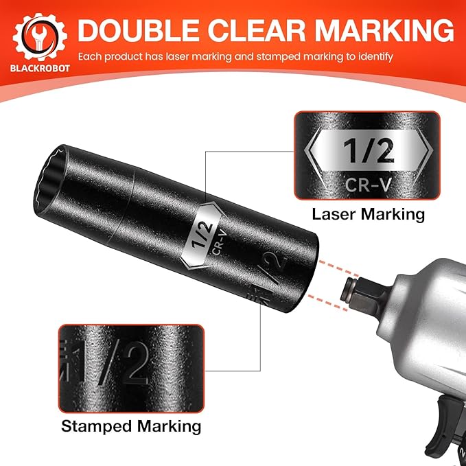 BLACKROBOT 1/2 inch 12-Point Deep Impact Socket, 1/2 Inch Drive, Metric, Cr-V Steel With Black Manganese Phosphate Coating