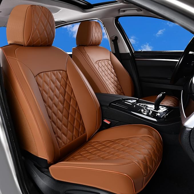 Huidasource Brown Front Seat Covers, Nappa Leather Front Car Seat Covers, Side Elastic Fabric, Compatible with Airbags, Seat Belts, Universal Fit for Most Cars, Vans, Trucks, SUV (Front Pair/Brown)
