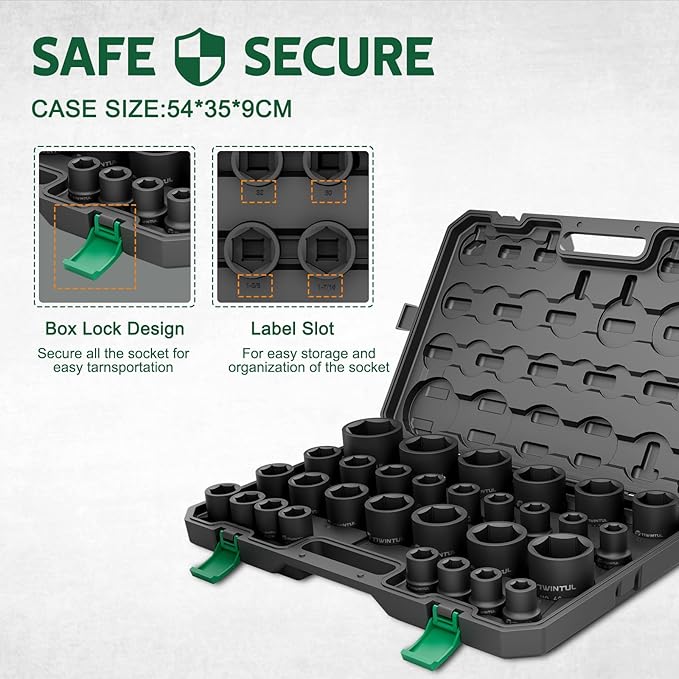 3/4 Inch Drive Impact Socket Set, 6-Point Design, CR-MO Steel, 30 PCS Large Impact Socket Set, SAE (11/16” to 2”) and Metric (17mm to 60mm), Rugged Construction, Heavy Duty Impact Sockets