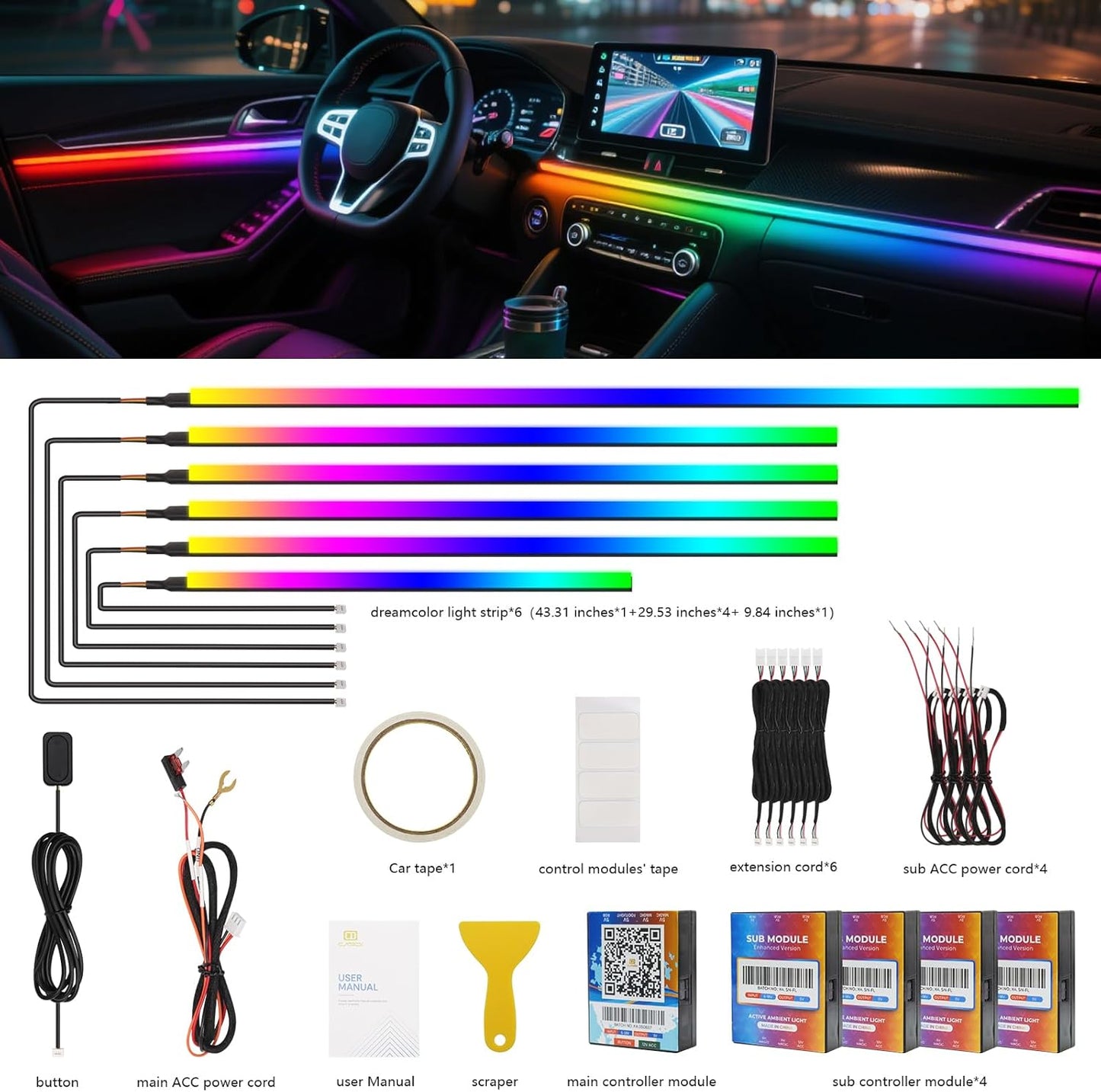 2025 Upgraded Acrylic Interior Car LED Strip Light with Self-Developed App Dreamcolor RGB 6 in 1 | Zone Control | Super Brighter LED Strips | Music Sync | 16M Colors Car Ambient Lighting
