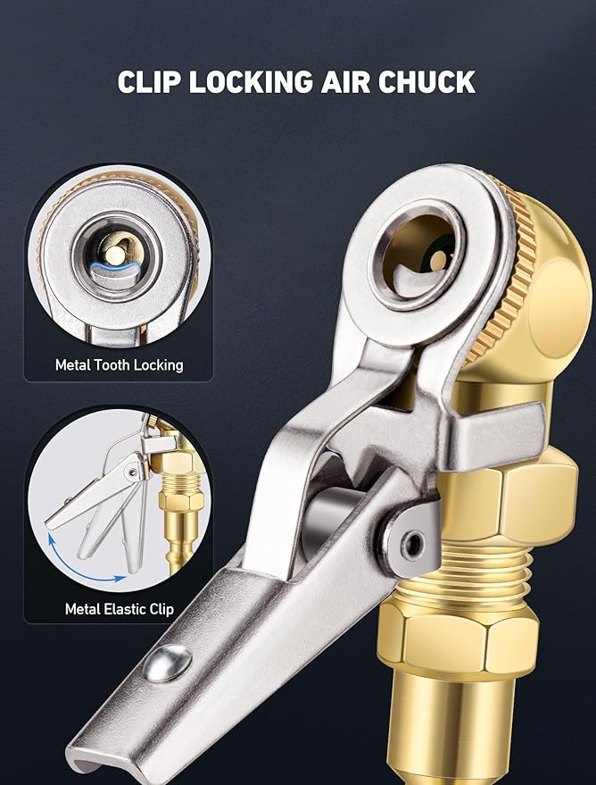 2-Pack Closed Ball Tire Chuck with Clip, 1/4" FNPT Locking Air Chuck Tire Inflator Nozzle with Quick Plug, 2-Way Connection Clip-On Air Chuck for Tire Air Compressor Accessories