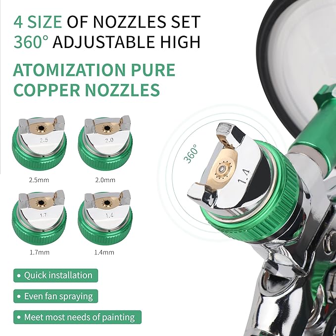 HVLP Spray Gun with 10Pcs 600ML Disposable Paint Cups, 4 Nozzles,1.4/1.7/2.0/2.5mm, Automotive Gravity Feed Paint Spray Gun Kit with Air Compressor Regulator for Auto (Green)