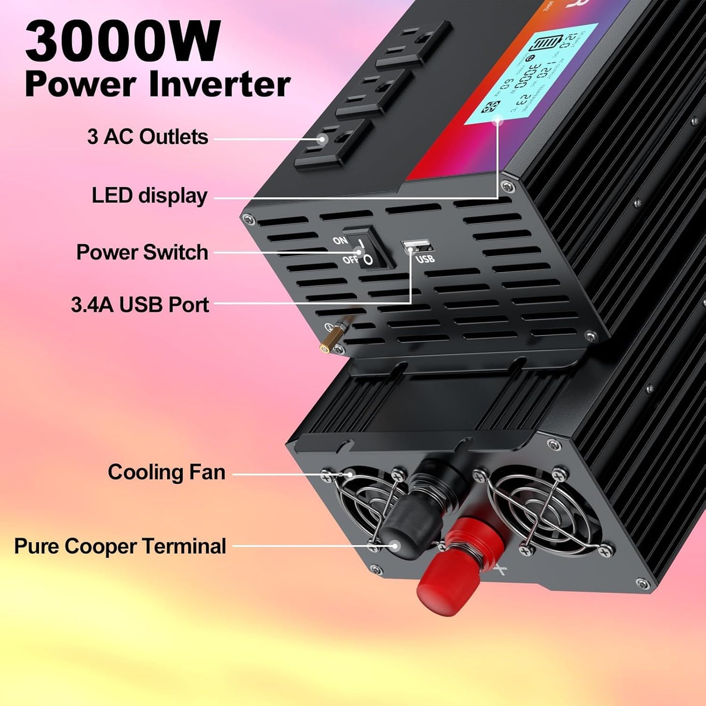New Upgraded 3000 Watt Power Inverter,12V DC to 110V/120V AC Converter,6000W Peak Power with 3 AC Outlets,3.4A USB Port,LED Display Car Inverter for Vehicles,Truck,RV,Outdoor Activities,Solar System