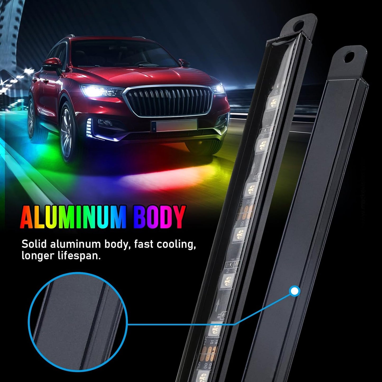 OPP ULITE Car Led Underglow Lights Aluminum Dream Chasing Color Accent Light Bar, RF Remote & APP Control Underglow Light Strip with Red Brake/Yellow Turn Signal/White Reverse Light Kit, 8PC Pack