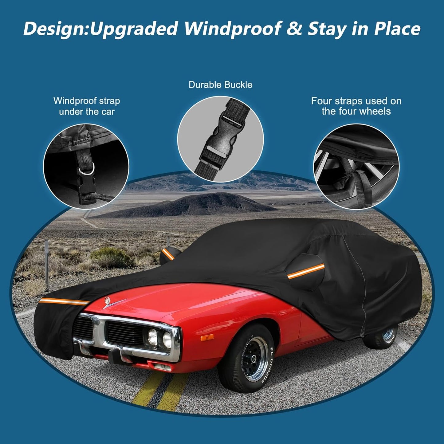 Car Cover for Dodge Charger 1968-1974, Waterproof 210D Oxford Cloth and Cotton Cover Outdoor Full Car Covers with Zipper Windproof Heavy Duty All Weather with Wind, Sun, UV and Dust Protectio