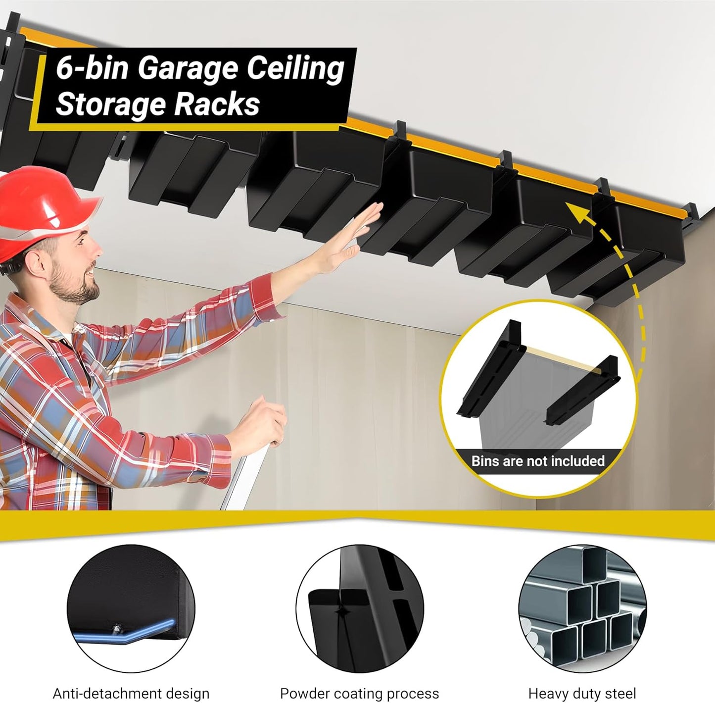 6-bin Overhead Garage Storage Rack, Ceiling Storage Racks Heavy Duty, Powder Coated Tote Storage Rack for Garages, Sheds, Storerooms (7 PCS, for 6 Bins)