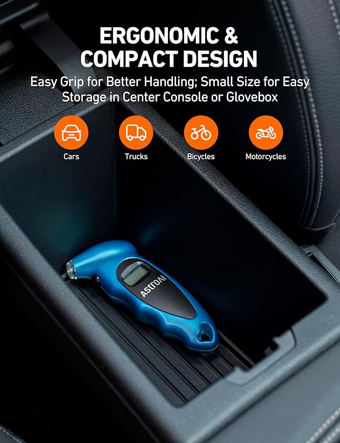 AstroAI Digital Tire Pressure Gauge 0-150PSI, Accurate in 0.1 Increments, Backlit LCD and Presta Valve Adaptor Included, 4 Units of Measurement for Car Truck Bicycle, Blue
