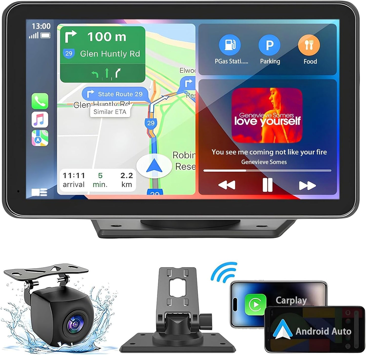 Portable Carplay Screen for Car, 7" Wireless Carplay & Android Auto with Bluetooth, HD Backup Camera, GPS Navigation, Siri, FM, AUX, Mirror Link for All Vehicles