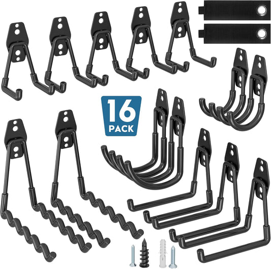 BONTEC 16 Pack Heavy Duty Garage Hooks, Steel Wall Mount for Garage Organization, Ladder & Bike Hooks, Garden Hose Holder, Tool Hangers, for Home, Workshop & Storage (Black)