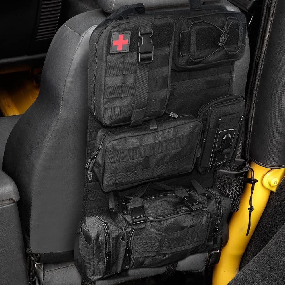Universal Tactical Seat Back Organizer Vehicle Molle Panel Organizer Storage Bag with 5 Detachable Molle Pouch for All Vehicel Such as Jeep,Truck,SUV, Car, Ford,Chevy etc