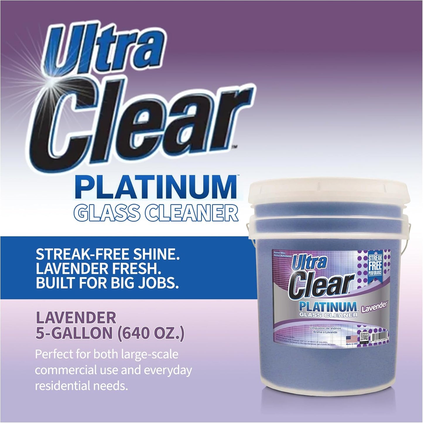 Ultra Clear Platinum Glass Cleaner, Crystal Clear Streak-Free Shine Polished Finish, for Commercial and Residential Use Lavender Fresh, 5 Gallons