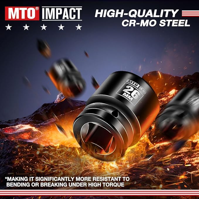 MTO 1/2" Drive 26mm Shallow Impact Socket, 6-Point Metric Socket, CR-MO Steel & Anti-Corrosion Coating for Tight Spaces and Heavy-Duty Tasks